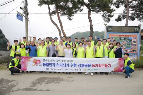 농협 상호금융 기획본부 임직원들이 19일 충북 괴산군 칠성면 농가를 찾아 농촌 일손돕기를 실시했다.