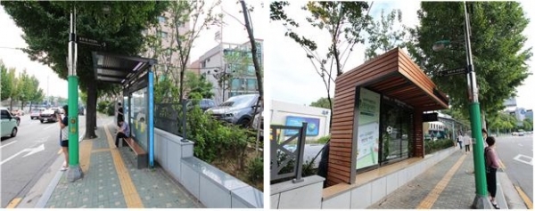 환경산업기술원은 시민들의 편의를 위해 '자연이 있는 KEITI 버스정류장 쉼터'를 설치했다(사진 왼쪽은 기존, 오른쪽은 설치 이후.(사진 환경산업기술원 제공)