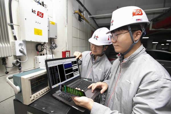 KT가 5G RF 중계기의 성능·효율을 극대화한 ‘5G 스마트 빔 패턴 동기화 기술’을 상용화하고, 5G 인빌딩 커버리지 확대를 가속화해 나간다고 18일 밝혔다.KT 네트워크부문 직원들이 서울 서초구의 한 건물 내 지하 주차장에서 ‘5G 스마트 빔 패턴 동기화 기술’이 적용된 5G RF 중계기의 품질을 점검하고 있다.(사진 KT 제공)