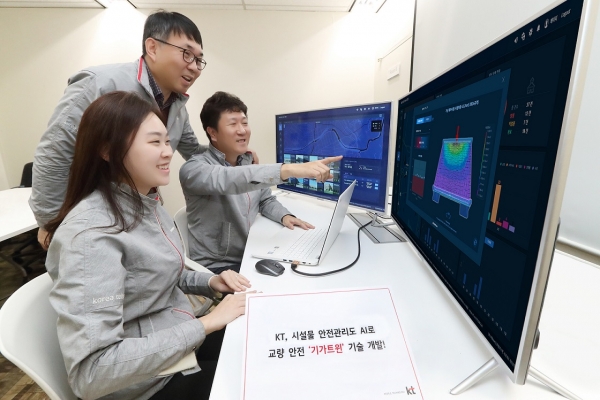 KT 연구원들이 서울시 서초구 우면동에 위치한 KT 융합기술원에서 기가트윈을 활용해 교량 디지털 내하력 측정 실험을 진행하고 있다[사진 KT 제공]