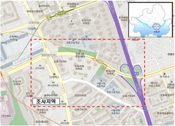 서울시가 사평역 주변의 악취 원인을 조사하기 위해 반포리체아파트를 중심으로 조사지점을 설치하고 측정에 나섰다.