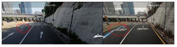 사진=서울시의회,남산1호 터널의 요금소 부근, 2018년 7월과 2020년 3월 비교 ,※ 자료출처 : 카카오맵